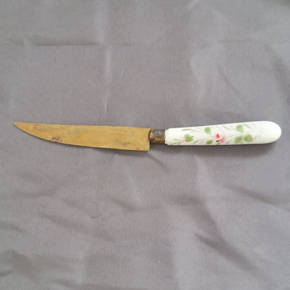 Vintage Stahl Bronce Knife With Ceramic Floral Handle & Brass Blade